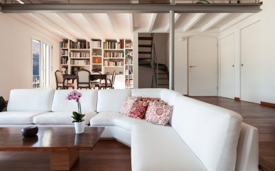 Interiors, comfortable living room of a loft, white divans